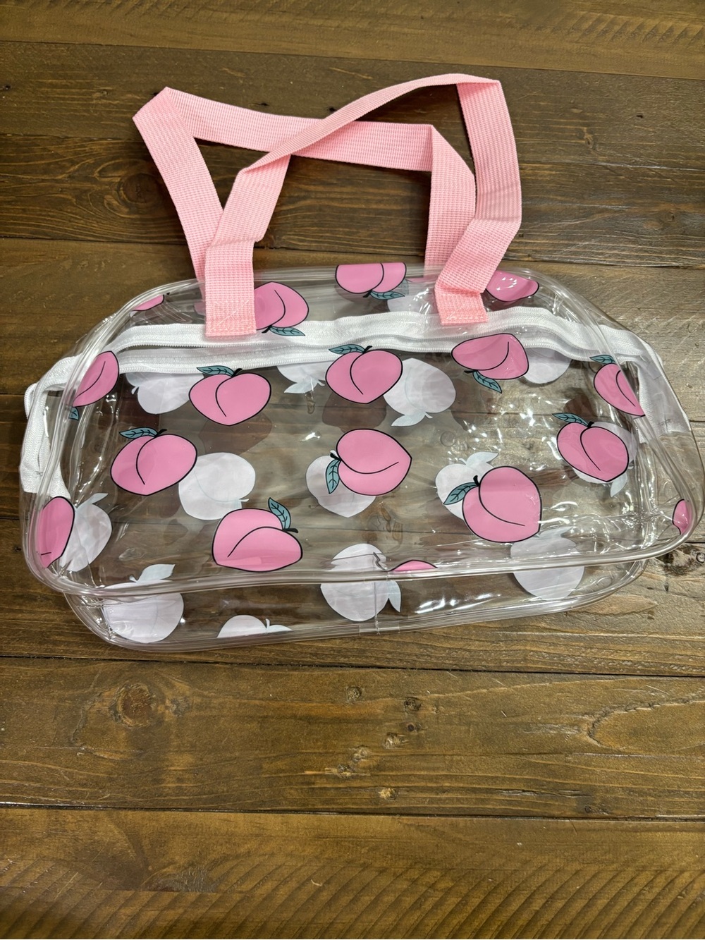 Boston-Style Clear PVC Cosmetics Bag with All-Over Pink Peach Pattern